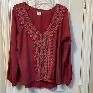 O'Neill Deep Red Crochet Accent Blouse